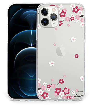 Sephonie Cherry Blossom Flower Case for iPhone 11 Pro Max (6.5), Sakura Floral Pattern Clear Slim Girly Design, Protective Hard PC Back with Shockproof Soft TPU Bumper Cover for Girls & Women | Pink