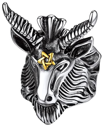 Bandmax Baphomet Rings for Men Women Satanic Goat Head Rings Stainless Steel Devil Ring Vintage Retro Biker Rings Evil Gothic Jewelry