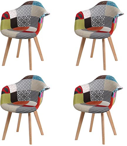 GrandCA HOME 4er-Set Esszimmerstühle mit Armlehne, Vintage-Küchenstühle, Sessel, Massivholzbeine und Patchwork-Stoffsitz, für Schlafzimmer, Wohnzimmer, Esszimmer und Küche, Rot