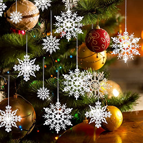 40 Pack Sparkling Christmas Snowflake Ornaments, Assorted Sizes Hanging Xmas Snowflake Christmas Tree Ornaments Durable Winter Hanging Snowflake for ceiling window Indoor Outdoor