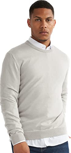 alsestudio Men`s Crewneck Jumper 100% Cotton Premium Quality Soft Touch Long Sleeve Pullover Essential Style Knitted Sweaters for Men Grey-Medium
