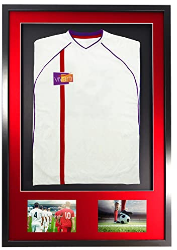 Vivarti DIY Junior 3D Mounted + Double Aperture Sports Shirt Display Frame for Football Shirt, Rugby Shirt, Band T-Shirt Shadow Box - A1 59.4 x 84cm - Black Frame, Red Mount, Black Backing Card