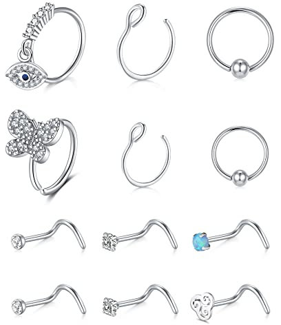 AVYRING 20G Nasenstecker Spirale Nasenpiercing Ring Hoop Chirurgenstahl Corkscrew Opal CZ Schmetterling Nostril Piercing Silber 12 Stück