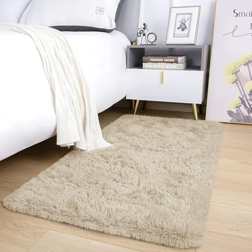 AMEHA Tapis moderne pour salon et chambre à coucher, antidérapant, poils laineux et ne perd pas ses poils, facile à nettoyer (couleur crème, 50 x 80 cm)