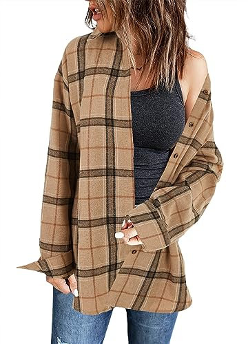 Wenrine Damen Karierte Bluse Langarm V-Ausschnitt Hemd Button Down Hemdjacke Flanell, Hellbraun, XL