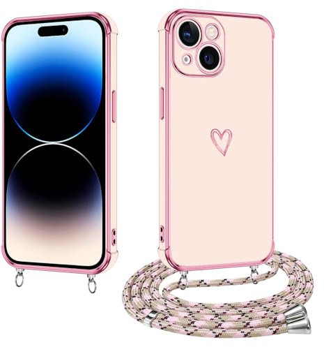 E-Lush Handyhülle für iPhone 15 Hülle mit Band, Handy Hülle für iPhone 15 mit Kette Schutzhülle Herz Love Muster Galvanik Silikon Stossfest Case mit Kordel zum Umhängen, Roségold
