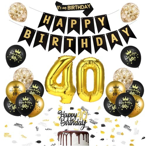 Camptrip 40 Geburtstag Deko Luftballons 40 Geburtstag Schwarz Gold Deko 40 Geburtstag Frauen Männer, Happy Birthday Girlande, Folienballon Zahl 40, Konfetti Geburtstag für 40 Geburtstag Dekoration