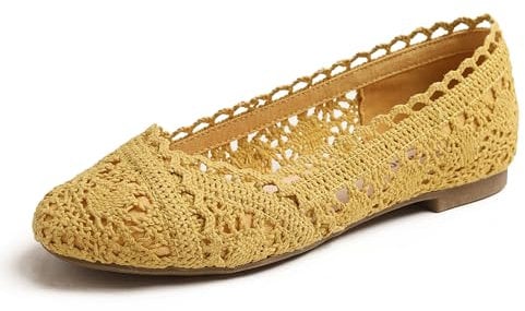 Feversole Round Toe Lace Ballet Crochet Flats Women's Comfy Breathable Shoes Yellow Knit Crochet 5 UK