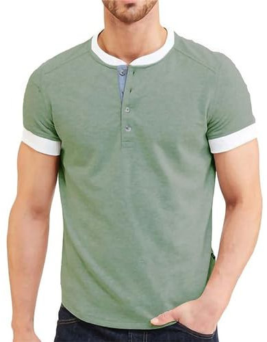 Fliegeruhr Herrenmode Frühling und Sommer Casual Kurzarm Knopf Rundhals Einfarbig Kurzarm T-Shirt Top Blaues Hemd Herren Langarm (Green, XL)