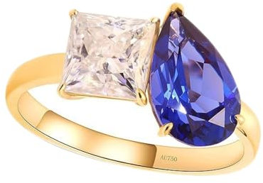 Goldring Damen 585 Echtgold 14K Ring Damen, Wassertropfen, 7x11mm 3 Karat Blauer Saphir und Quadratischer Moissanit Damen Ringe Größe 66 (21.0)