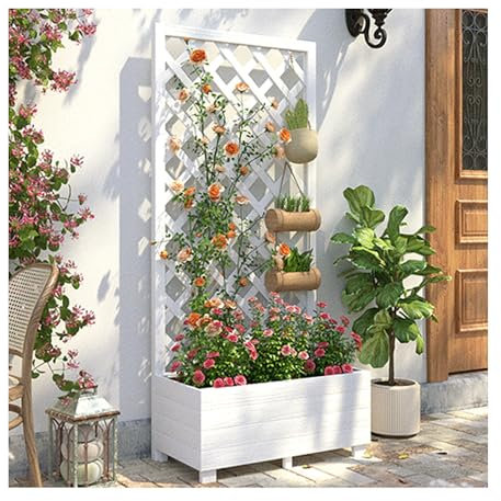 Rankgitter Metall Himbeeren Rosen Rankhilfe für Terrassen-Hochbeetgarten, Hochbeet mit Spalier für Weinreben, Kletterpflanzen, Blumen, Gemüse mit Entwässerungslöchern ( Color : Wit , Size : 145*40*100