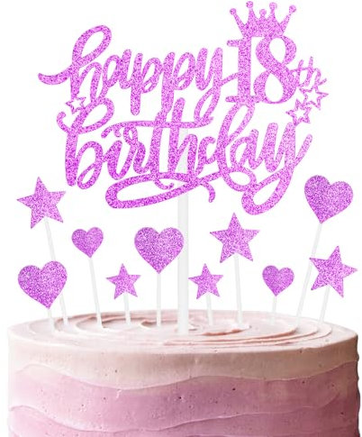 Happy 18th Birthday Cake Toppers, Hot Pink Cake Cupcake Toppers for Cake, Glitter Heart Stars Cake Toppers, Birthday Gift, Personalised Cake Toppers for Women Girls 18th Birthday Cake Decorations
