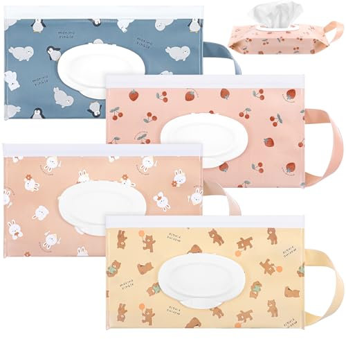 Yolev 4Pcs Baby Wipes Dispenser 24 * 13.5cm Portable Wipe Holder Wipes Container with Lanyard Reusable Wet Wipe Pouch Refillable Travel Baby Tissue Box for Daily Outings and Travel (Cute Pattern)