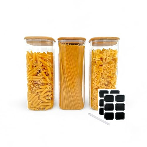 Hachi® 2100ml Square Glass Storage Jars with Bamboo Lids, Set of 3 | Airtight Food Containers for Pasta, Flour, Cereal, Rice, Sugar, Tea, Coffee | Large Kitchen Jars for Pantry & Cabinet Organization
