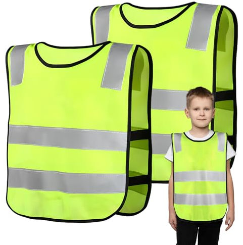 2 Pcs Gilet Alta Visibilità Bambini Età 6-14, Gilet Catarifrangente con 4 Strisce Riflettenti, Gilet Sicurezza Verde Arancione, Giubbotto Sicurezza Ragazze Ragazzi Sport Scuola Ciclismo (Verde)