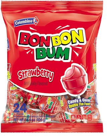 Colombina Bon Bon Bum Lot de 24 sucettes aux fraises – Bonbons durs aux fruits emballés individuellement