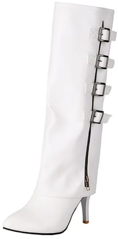HSyc JRX Stivali alti al ginocchio da donna con tacchi a spillo e fibbie, eleganti stivali invernali, bianco, 41 EU