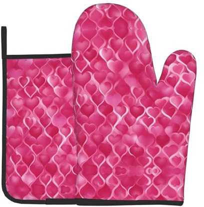 Pink Hearts Oven Mitts And Pot Holders Set - Gloves For Kitchen Cooking Microwave,Bbq-Heat Resistance