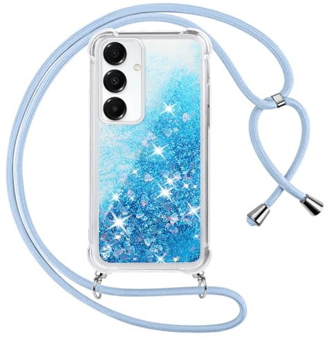 Vauki handyband für Samsung Galaxy S25 5G Hülle mit Band, Silikon Durchsichtig Transparent Flüssig Glitzer mit Kette Kordel Bumper Treibsand Necklace TPU Schutzhülle Case für Samsung Galaxy S25, Blau