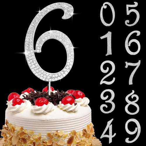 Tortendeko Geburtstag 6 Zahl Strass Glitter Cupcake Topper Zahl, Nummer 6 Cake Topper Zahlen Silber, Kuchendeko Zahl 6 Nummer, Geburtstagstorte Deko, für Geburtstagsfeiern, Babypartys, Hochzeitstag(G)