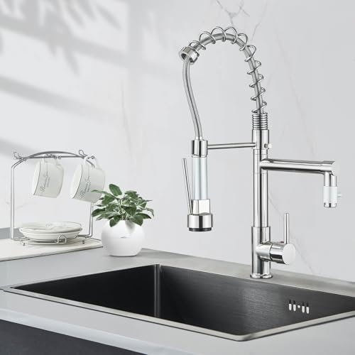 Zamery Wasserhahn Küche Küchenarmatur mit Brause 360° schwenkbar Einhebel Mischbatterie & Pull-Down-Spray - Hochdruck Spültischarmatur Mischbatterie Spiralfeder Armatur Gebürsteter Nickel