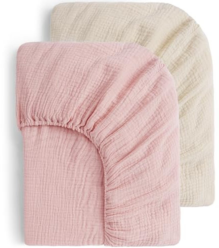 Yoofoss 2er Set Bettlaken 70x140 cm Kinderbett Kinder Spannbettlaken Kinderwagen Musselin-Baumwolle Reisebett Spannlaken Beistellbett Leintücher für Babybett und Kinderbet (Beige Rosa)