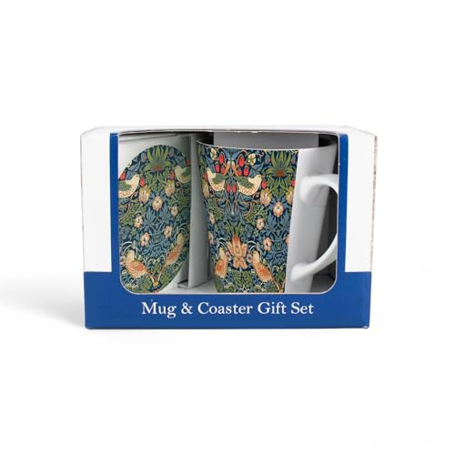 Purely Home Strawberry Thief Blue Mug & Coaster Gift Set - William Morris Artwork Ceramic Latte Cup and Glass Coaster Set - Tea/Coffee Present