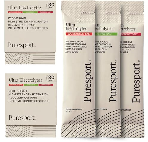 Puresport Ultra Electrolytes Hydration Variety Pack (60 Pack), Watermelon, Citrus & Raspberry Salt Sachet Flavours, Sugar-Free, Optimise Hydration & Support Muscles, Travel-Friendly Format