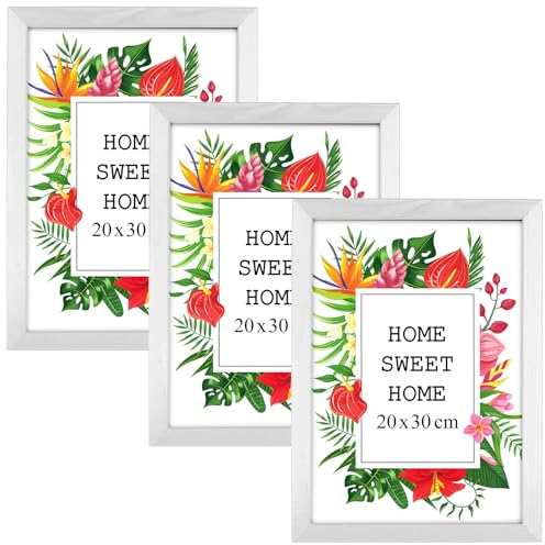 MG Design Lot de 3 Cadres Photo 20 x 30 cm en Bois Massif – Blanc, avec Verre Acrylique – à Suspendre ou à Poser, Orientation Blancicale ou Horizontale – pour Photos, Affiches, Puzzles