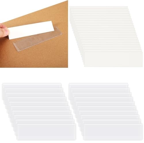 Lot de 100 porte-étiquettes adhésives, 50 pochettes transparentes avec 50 cartes vierges pour supermarché, bibliothèque, cuisine, bibliothèque, boîte aux lettres