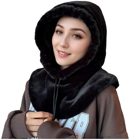 Faux Fur Winter Hat One-Piece Warm Hooded Scarf Balaclava Ski Hood for Women Cold Weather Plush Head Wrap Outdoor Windproof Cycling Beanie Neck Warmer Pullover Cap