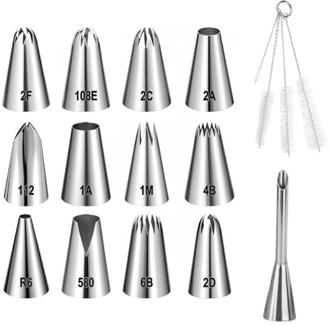 13 Spritztüllen set mit Kleine Reinigungsbürste, Wiederverwendbar Spritztülle zum Backen Edelstahl Spritzbeutel Düsen-Sets Torten Zubehör Krapfenspritze für Marmelade Sahne Bäcker