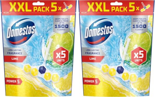 Domestos Power 5 Lime Toilet Rim Blocks toilet freshener with a long-lasting fragrance clean and freshen for up to 300 flushes 5x 50 g (Pack of 2)