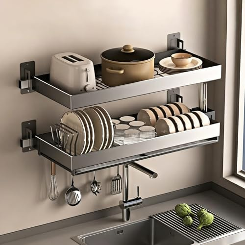 ZIGTUEI Escurridor De Platos De Acero Inoxidable para Colocar sobre El Fregadero, Escurridor De Platos De Montado En La Pared, con Bandeja De Agua, para Platos, Tazones(80cm/31.5in)