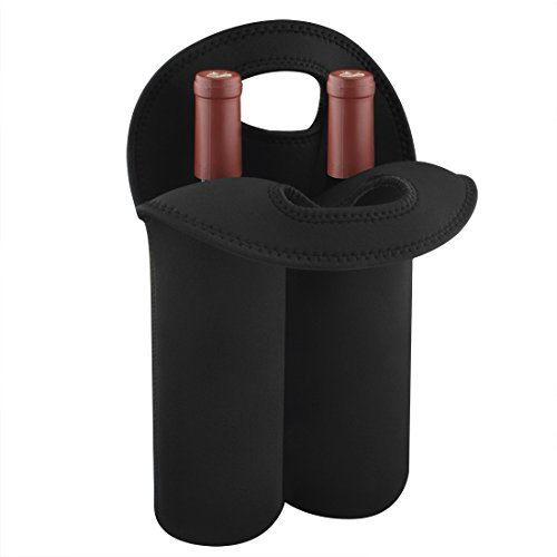 Linkidea Wine Travel Cooler Bag Holder, Two Bottle Wine Tote & Portable Beverage Chiller, Dual Slots Beer Insulated Neoprene Handbag, Compatible with Wine, Beer (Black)