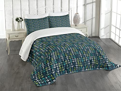 ABAKUHAUS Anker Tagesdecke Set, Maritime Segeln Reisen, Set mit Kissenbezügen Waschbar, für Doppelbetten 264 x 220 cm, Dunkelblau Grün