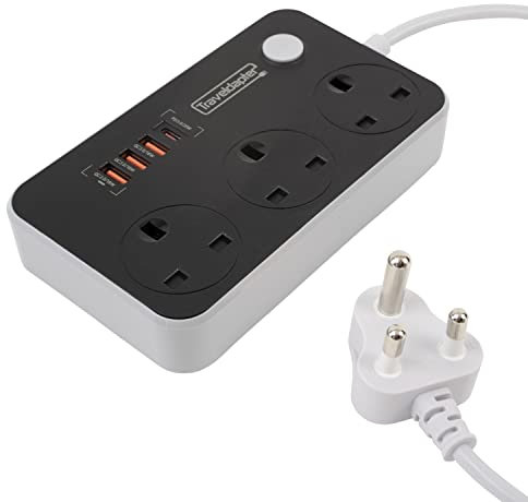 UK To Cape Town Travel Adapter Plug 3 Sockets 3 USB 1 USBC Ports Earthed South Africa Botswana Type M 2 M Lead