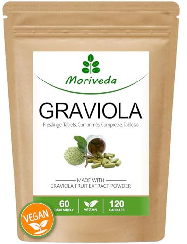 Graviola Tabletten 2000mg - 2 Monate Vorrat - Natürlicher Graviola Frucht Extrakt mit Vitamin C und Antioxidantien - hochdosiert, vegan und glutenfrei - von MoriVeda - 120 Presslinge