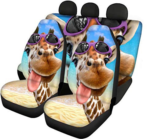 chaqlin Universelle Autositzbezüge, vollständiges Set mit lustigem Giraffen-Design, 4 Stück, dehnbares Polyestergewebe, hintere Sitzbezüge, geteilte Bank für LKW, SUV, Auto, Van