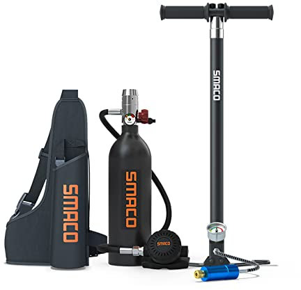SMACO Bouteille de Plongée 1L pour Plongées en Eaux Peu Profondes, Mini Bouteille de Plongée Permettant Une Respiration de 15-20 Minutes pour Plongée de Loisir/Travail Subaquatique, Ensemble F(Nior)