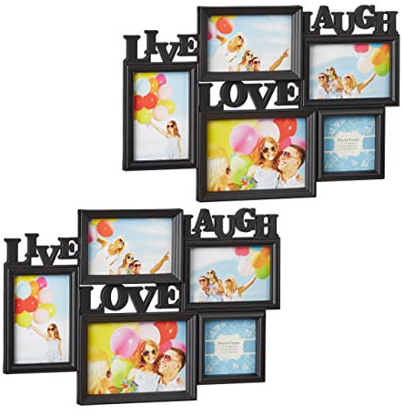 Relaxdays 2 x Bilderrahmen Live Love Laugh, für 5 Bilder verschiedener Größen, 3D Collage mehrere Fotos, HxB: 31x45,5 cm, schwarz