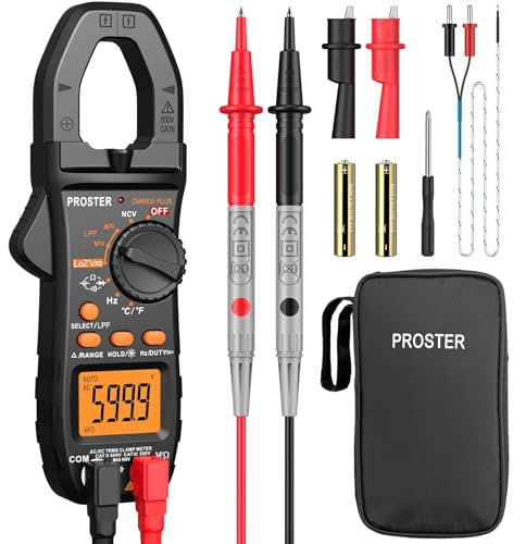 Proster Pinza Amperometrica Digitale Professionale TRMS 6000count 800A Pinza Amperometrica AC DC con Alligator Clip con Tensione NCV Continuità Capacità Resistenza Diodo di Frequenza LPF LOZ Test