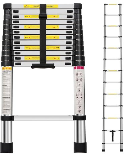 Panana Telescopic Ladder, 3.8m/ 12.5ft Stainless Steel Extension Ladders, Collapsible Portable Loft Ladder with Non-Slip Feet, Adjustable Height Step Ladder for Home and Outdoor Use