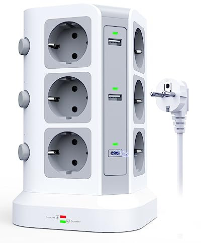 KOOSLA Steckdosenleiste mit 2 Ports [20 W USB C] Überspannungsschutz, Mehrfachsteckdose mit USB C, unterstützt QC/PD3.0 und 4 USB A, 12 Steckdosen mit 3 Schaltern für Büro und Zuhause, 2 m, Weiß