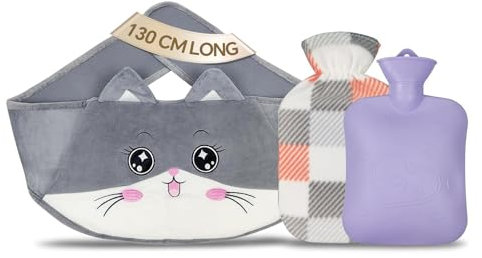 Wärmflasche, Wärmflasche, Gummi, warmer Wasserbeutel mit weicher Taillenabdeckung für Nacken und Schulter, Rücken, Hand, Beine, Taille warm (graue Katze)