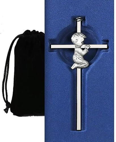 Silbernes Wandkreuz für Jungen, Segen, Baby, Metallkreuz, betender Junge, Wanddekoration, Kreuz, ideal für die Taufe, perfekt für Erstkommunion, Babyparty, Geburtstag und Taufe (Box nicht im