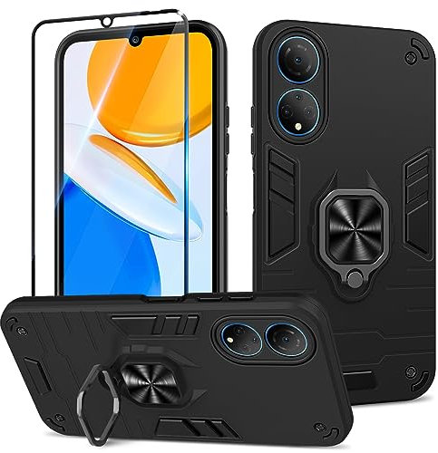 Btstring Coque pour Honor X7 avec Verre Trempé, Etui de Protection Antichoc de Qualité Militaire, Housse avec Anneau Support Métallique, Noir