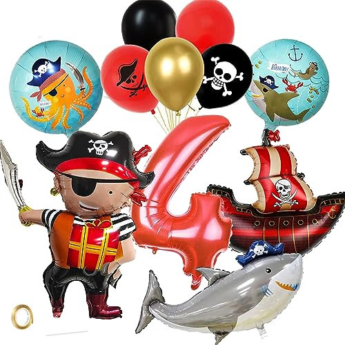 Piraten Kindergeburtstag Deko 4 Jahre- Piraten Geburtstag 4 Jahre Junge - Piraten Deko Kindergeburtstag mit Piratenschiff Spielzeug Piraten Luftballons 4 Piratenparty Deko Luftballons Geburstag