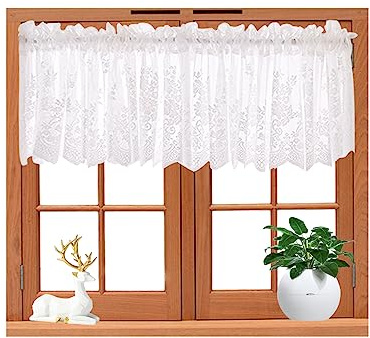 Lace Curtains for Windows Short - White Tier and Valance With Rod Pocket for Kitchen or Bathroom, Home Decor, Festival Gift (1 Piece, 130 x 41 cm)