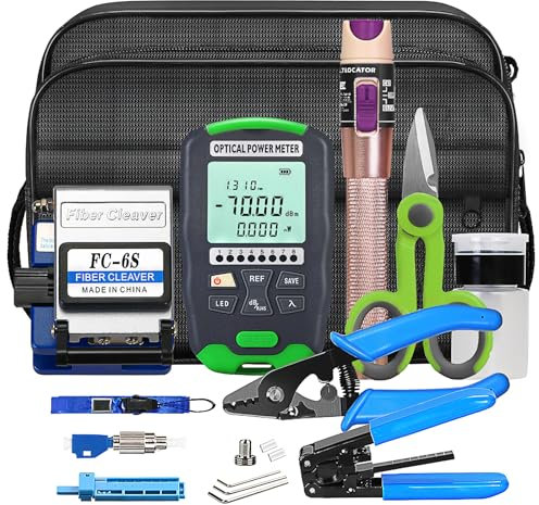 Fiber Optic Termination Tool Kit FTTH Cable Cold Welding Tool Set with FC-6S Optical Fiber Cleaver and 30mw Visual Fault Locator with FC-LC Adapter -70~+10dbm D7 Optical Power Meter